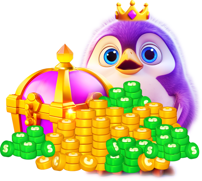 Cute bird and a pile of casino coins